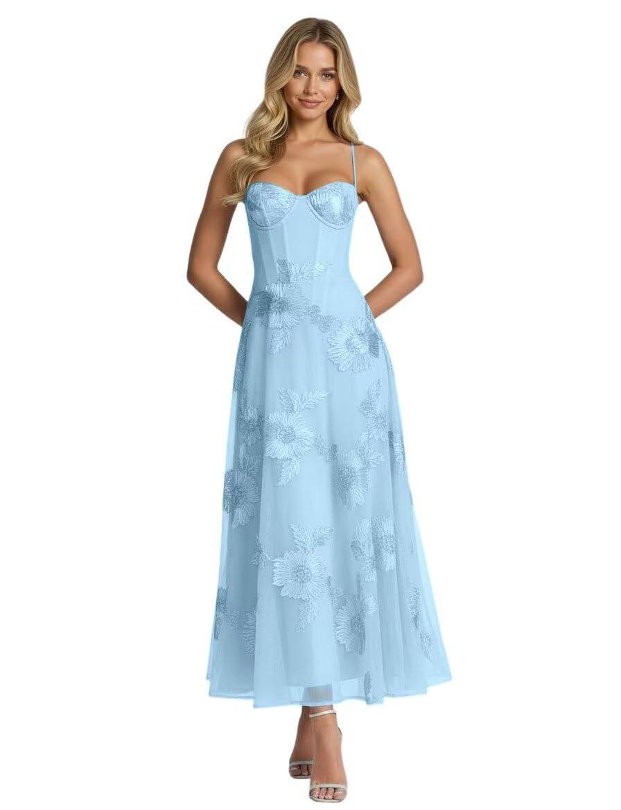 Jacquard Tulle Prom Dresses Spaghetti Straps Formal Evening Party Dress Tea Length