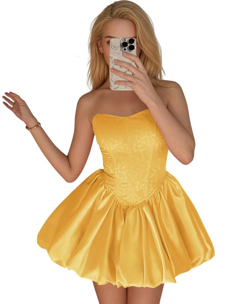 Strapless Satin Homecoming Dresses for Teens Jacquard Short Prom Dress A-line Cocktail Party Gowns with Pockets