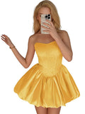Strapless Satin Homecoming Dresses for Teens Jacquard Short Prom Dress A-line Cocktail Party Gowns with Pockets