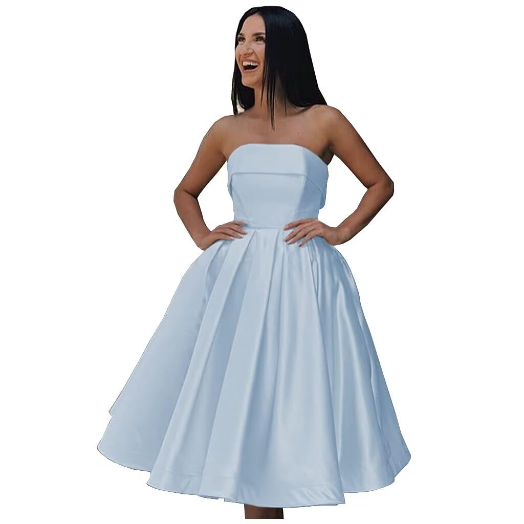 Tea Length Satin Cocktail Party Dresses for Women, Strapless Formal Evening Prom Gown Homecoming Graduation Dresses