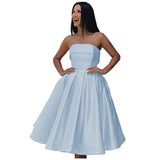 Tea Length Satin Cocktail Party Dresses for Women, Strapless Formal Evening Prom Gown Homecoming Graduation Dresses