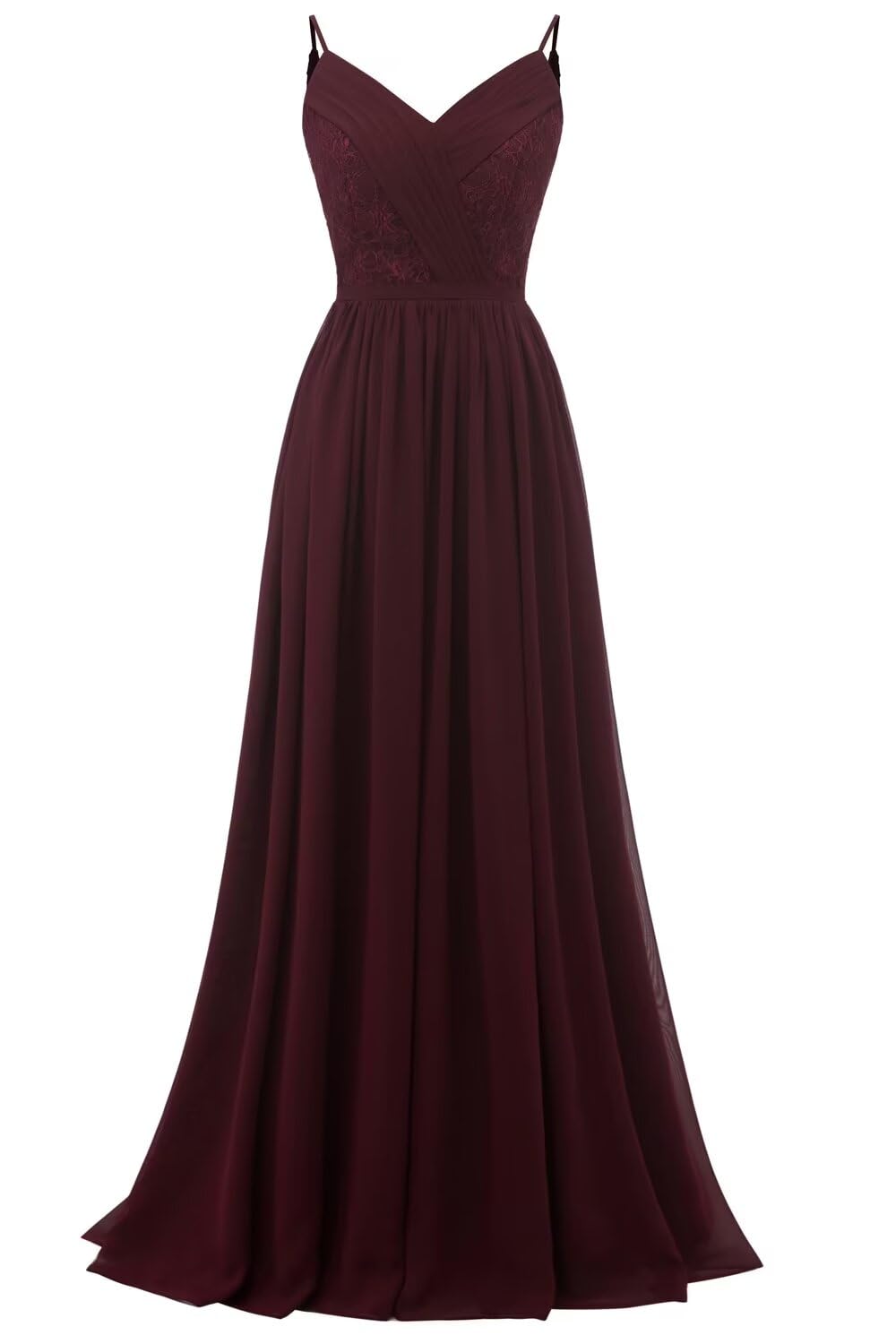 Women's Lace Chiffon Bridesmaid Dresses for Wedding Long Spaghetti Straps Bodice Formal Party Gown with Pockets