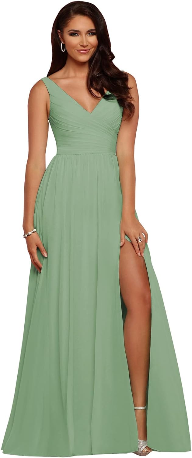 Vestidos de dama de honor largos con escote en V y abertura en gasa, corte A, plisados, para noche, fiesta formal