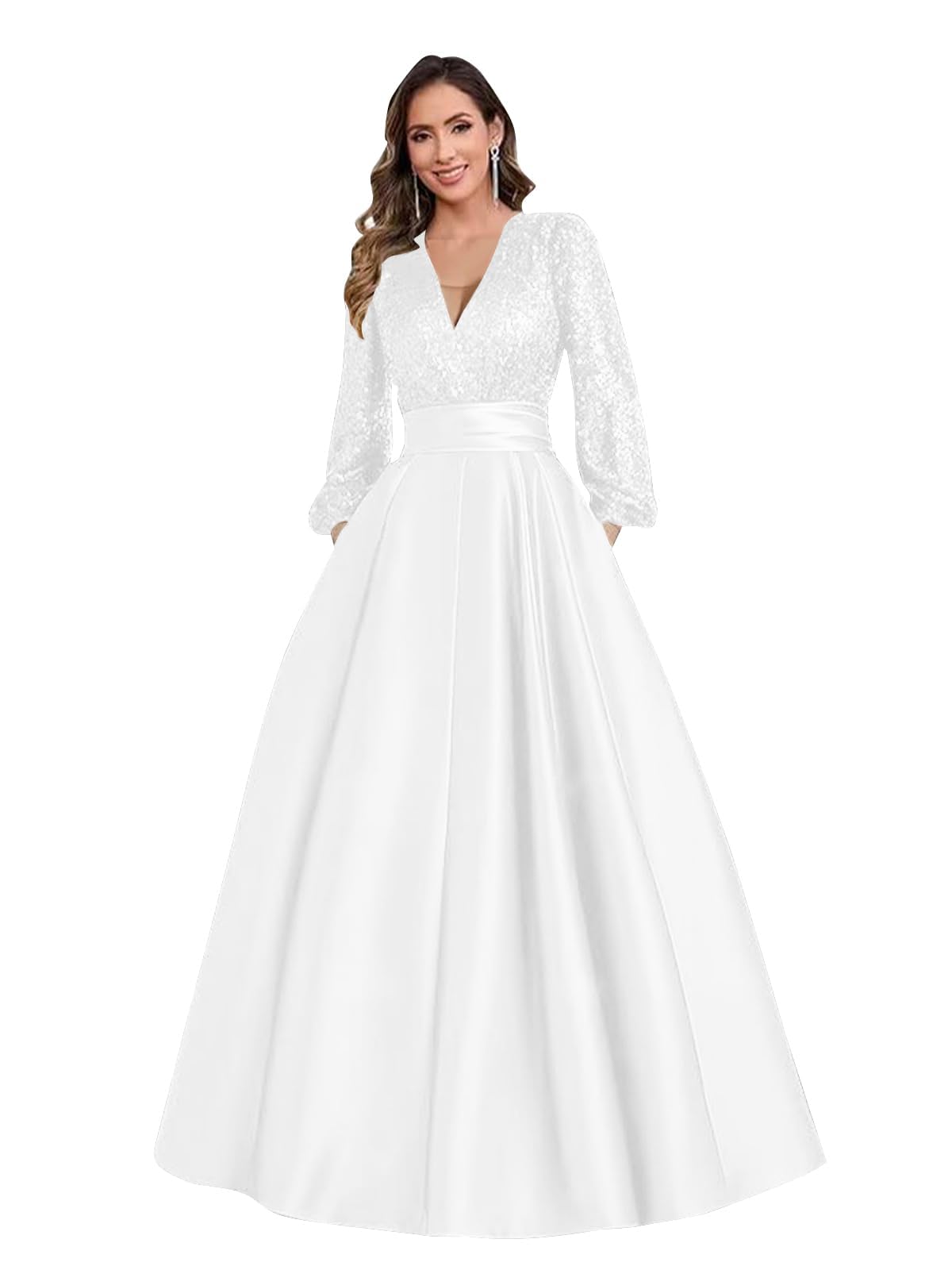Satin Mother of Bride Dresses Long for Women Sequin Long Sleeve Evening Gown with Pockets
