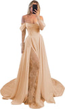 Off Shoulder Satin Wedding Dresses Lace Long Sleeve Prom Dresses Corset A-Line Ball Gowns with Slit