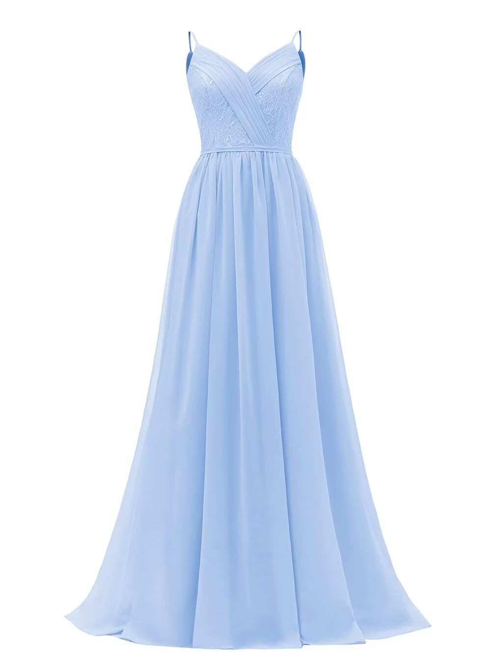 Women's Lace Chiffon Bridesmaid Dresses for Wedding Long Spaghetti Straps Bodice Formal Party Gown with Pockets