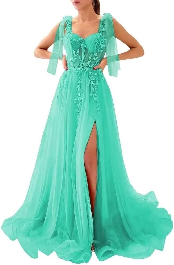 Appliques Tulle Lace Prom Dresses with Slit Spaghetti Straps Formal Evening Dress Sweetheart Ball Gowns