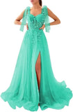 Appliques Tulle Lace Prom Dresses with Slit Spaghetti Straps Formal Evening Dress Sweetheart Ball Gowns