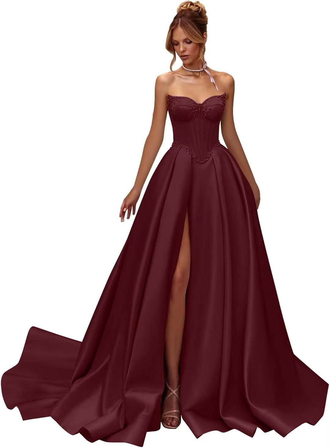 Kingbridal Gowns Strapless Prom Dresses for Women 2026 Long Satin A-line Formal Dress with Slit Beaded Corset Evening Party Gowns