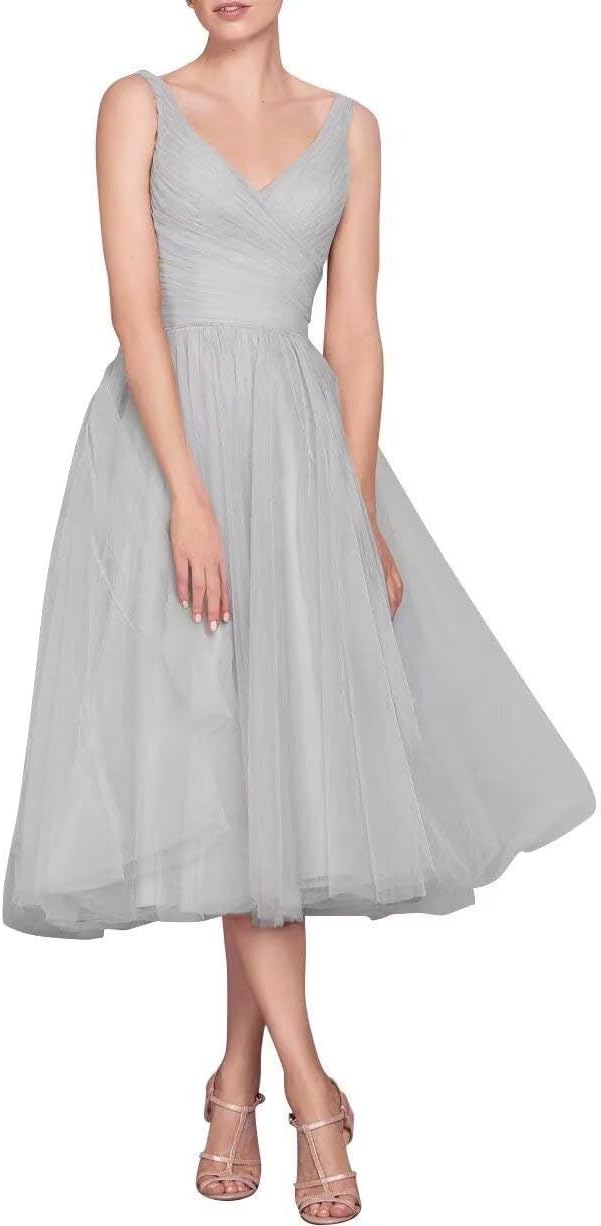 Tea Length A-Line V Neck Formal Evening Party Gowns for Women Sleeveless Puffy Midi Tulle Cocktail Prom Dress