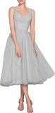 Tea Length A-Line V Neck Formal Evening Party Gowns for Women Sleeveless Puffy Midi Tulle Cocktail Prom Dress