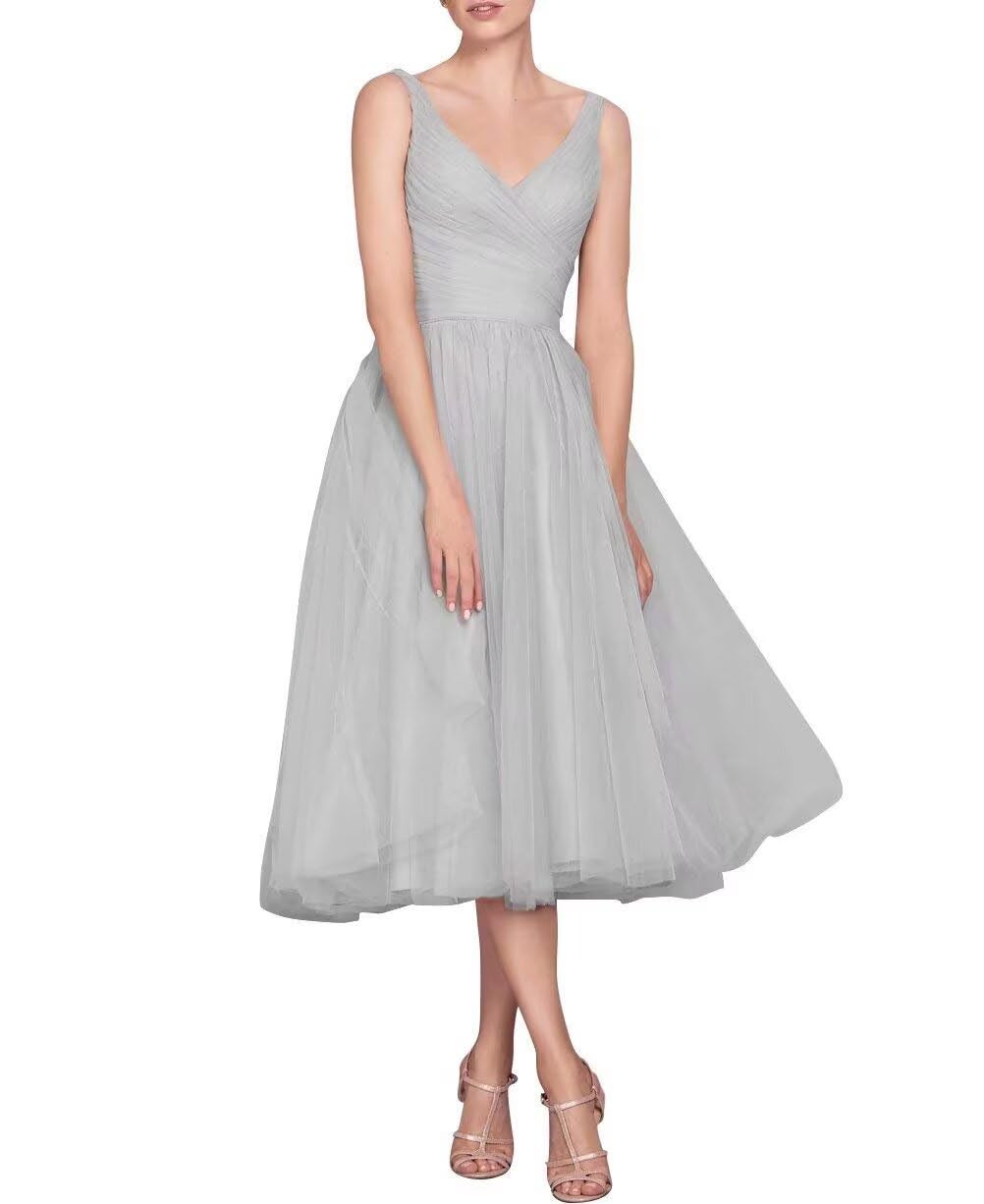 Tea Length A-Line V Neck Formal Evening Party Gowns for Women Sleeveless Puffy Midi Tulle Cocktail Prom Dress