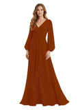 Women's Chiffon Bridesmaid Dresses Long Sleeve Ruffles V-Neck Pleated Formal Wedding Guest Dresses Mother of the bride Dress