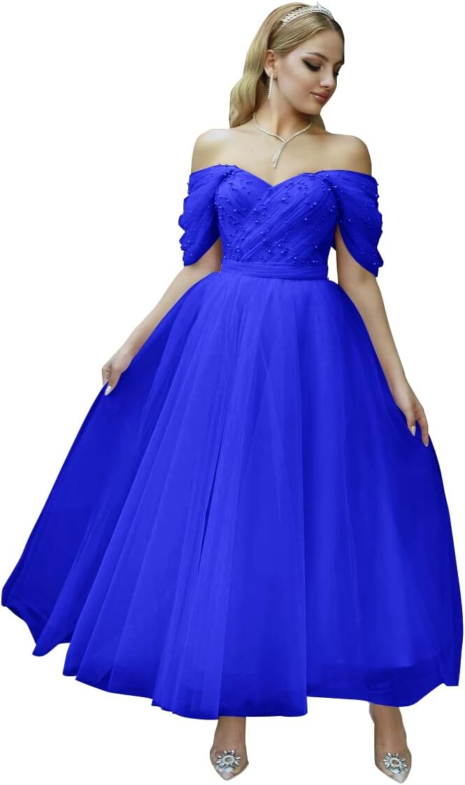 Tulle Tea Length Prom Dresses for Women Off The Shoulder Ball Gowns Teens Sweetheart Beaded Puffy Princess Dress