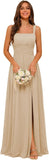 Square Neck Bridesmaid Dress Spaghetti Straps Chiffon Long Formal Dress for Women