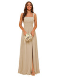 Square Neck Bridesmaid Dress Spaghetti Straps Chiffon Long Formal Dress for Women
