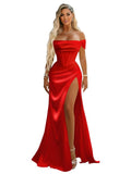 Off Shoulder Mermaid Prom Dresses with Slit 2027 Long Satin Pleated Formal Dress for Women Evening Party