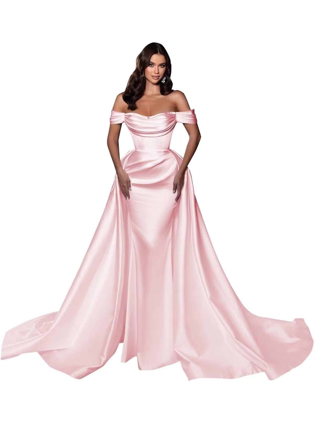 Mermaid Satin Prom Dresses for Women 2027 Long Off Shoulder Ruched Corset Formal Evening Dress Detachable Train