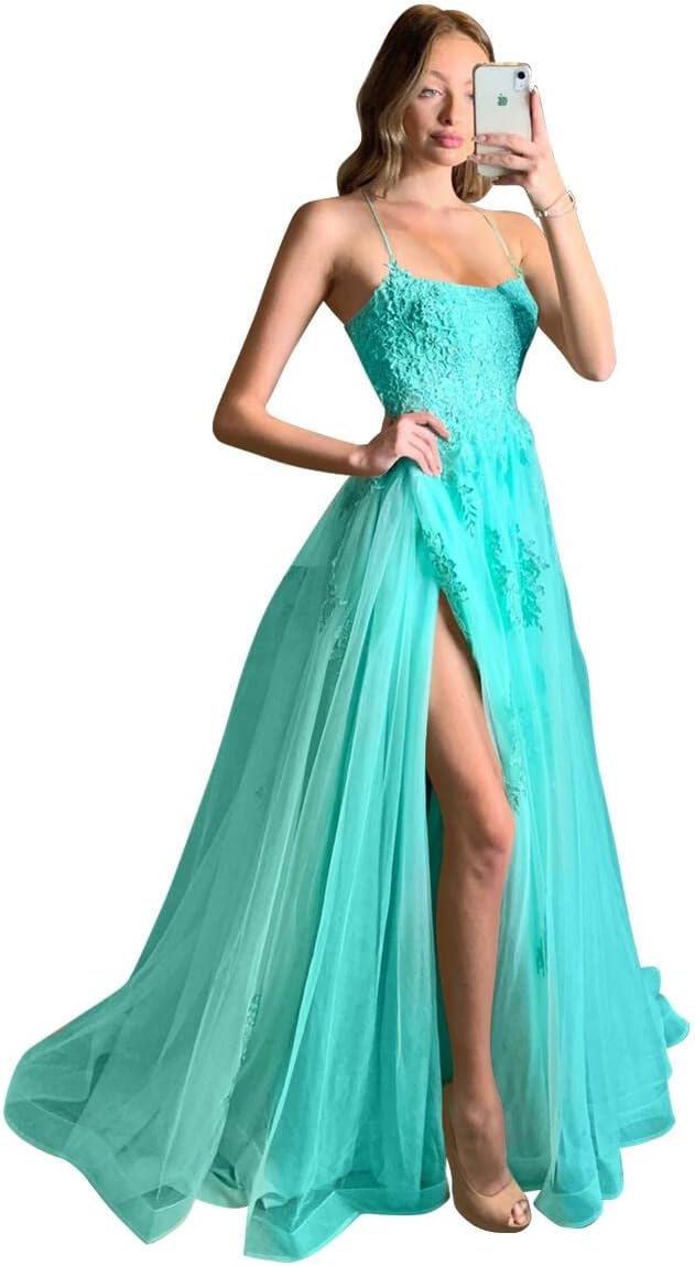Women's Lace Criss-Cross Prom Dresses with Slit Spaghetti Straps Long Formal Evening Gowns