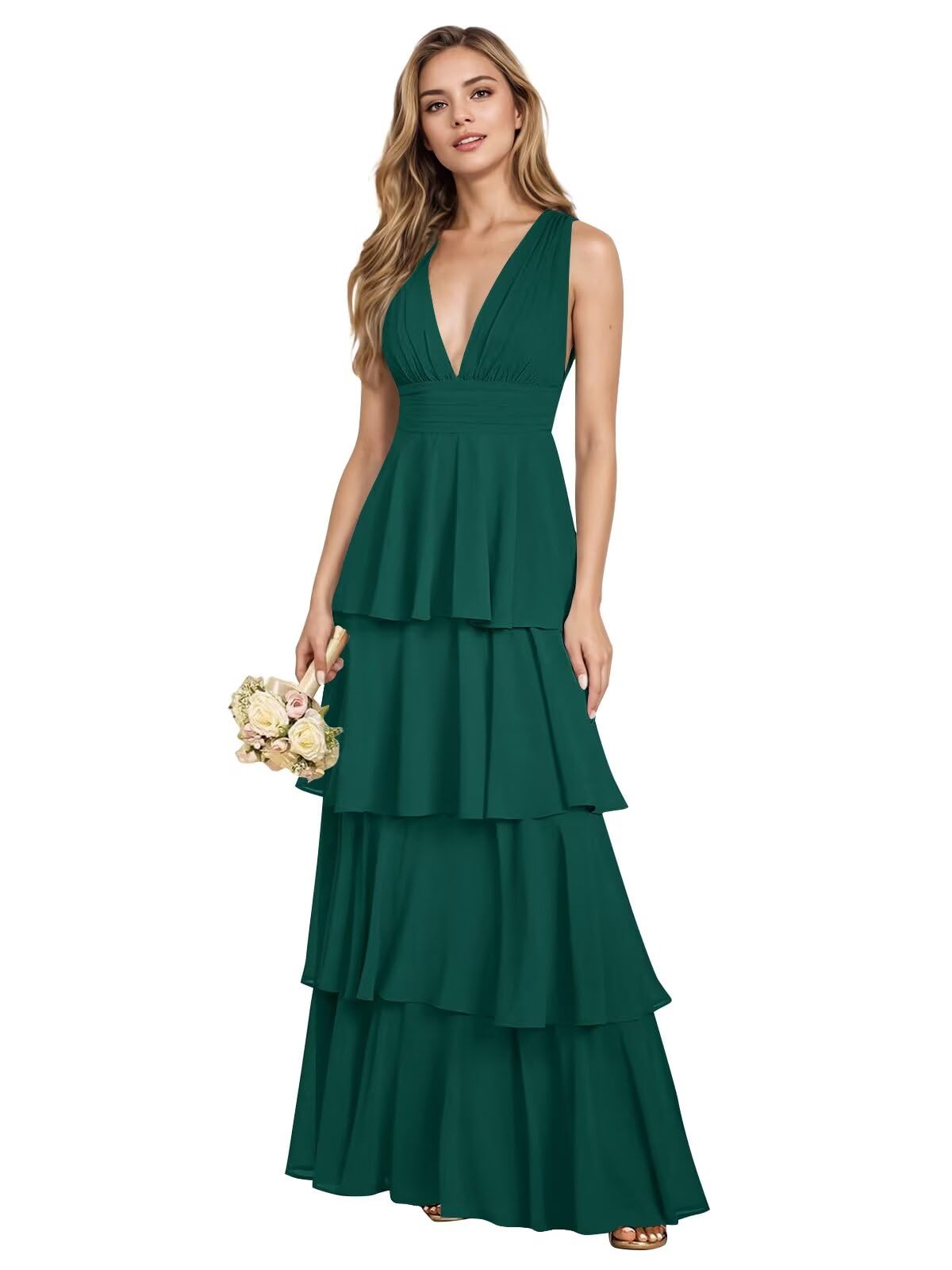 V Neck Chiffon Bridesmaid Dresses for Women 2027 Long Tiered A-Line Ruffles Formal Evening Party Dress