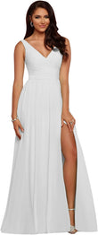 Vestidos de dama de honor largos con escote en V y abertura en gasa, corte A, plisados, para noche, fiesta formal