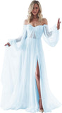 Women's Puffy Long Sleeve Prom Dresses with Slit Off Shoulder Tulle Wedding Formal Evening Gowns