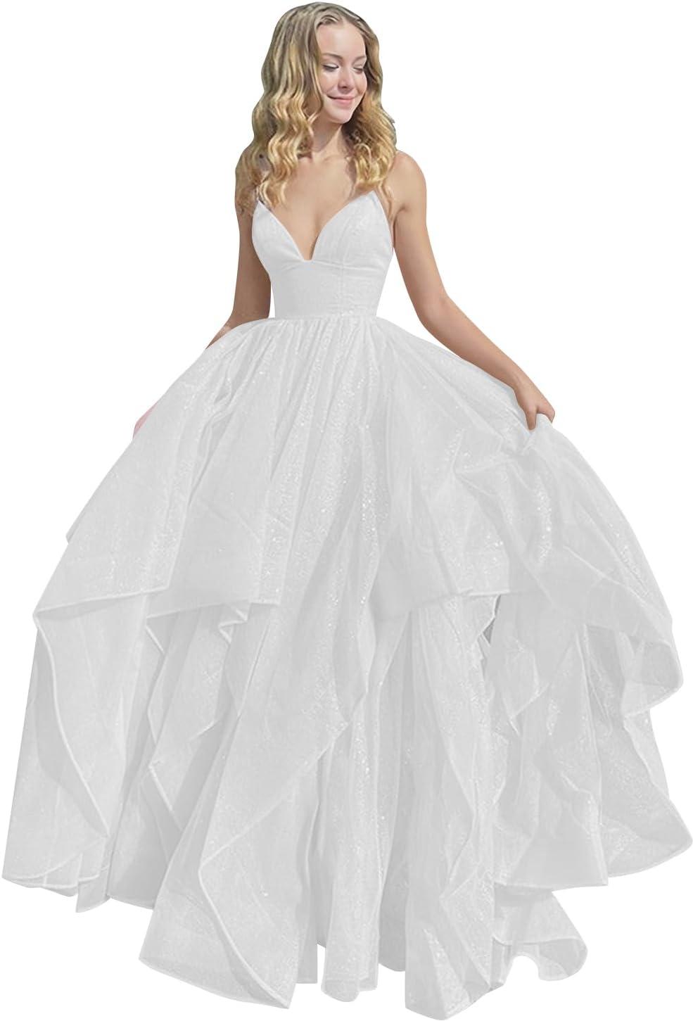 Women's Sparkly Tulle Prom Dress 2023 Long Ball Gown Spaghetti Straps Quinceanera Dress