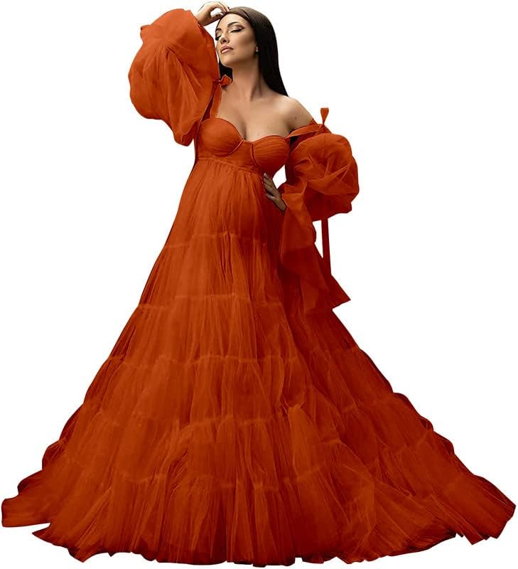 Womens Tulle Robe Maternity Dress for Photoshoot Off Shoulder Bridal Lingerie Maternity Gowns for Babyshower