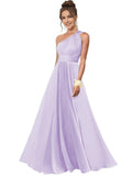 One Shoulder Bridesmaid Dresses for Women Chiffon A Line Pleated Long Formal Gowns with Pockets