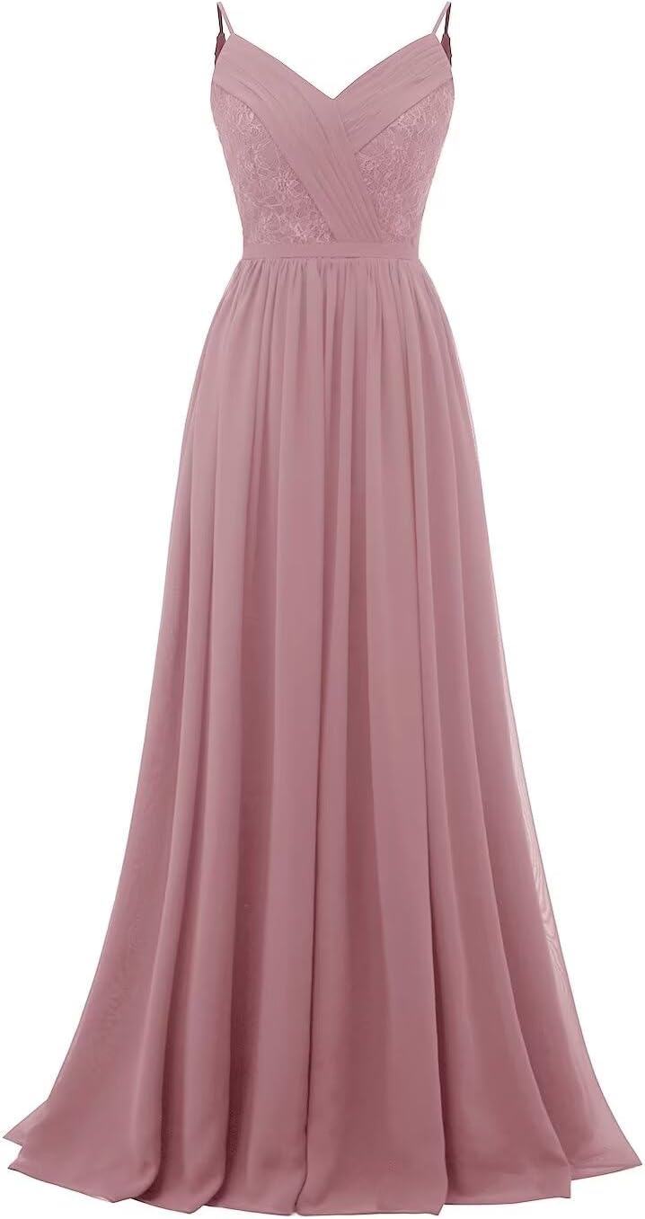 Women's Lace Chiffon Bridesmaid Dresses for Wedding Long Spaghetti Straps Bodice Formal Party Gown with Pockets