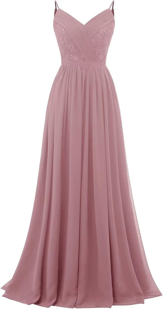 Women's Lace Chiffon Bridesmaid Dresses for Wedding Long Spaghetti Straps Bodice Formal Party Gown with Pockets