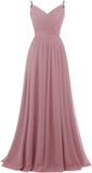 Women's Lace Chiffon Bridesmaid Dresses for Wedding Long Spaghetti Straps Bodice Formal Party Gown with Pockets