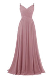 Women's Lace Chiffon Bridesmaid Dresses for Wedding Long Spaghetti Straps Bodice Formal Party Gown with Pockets