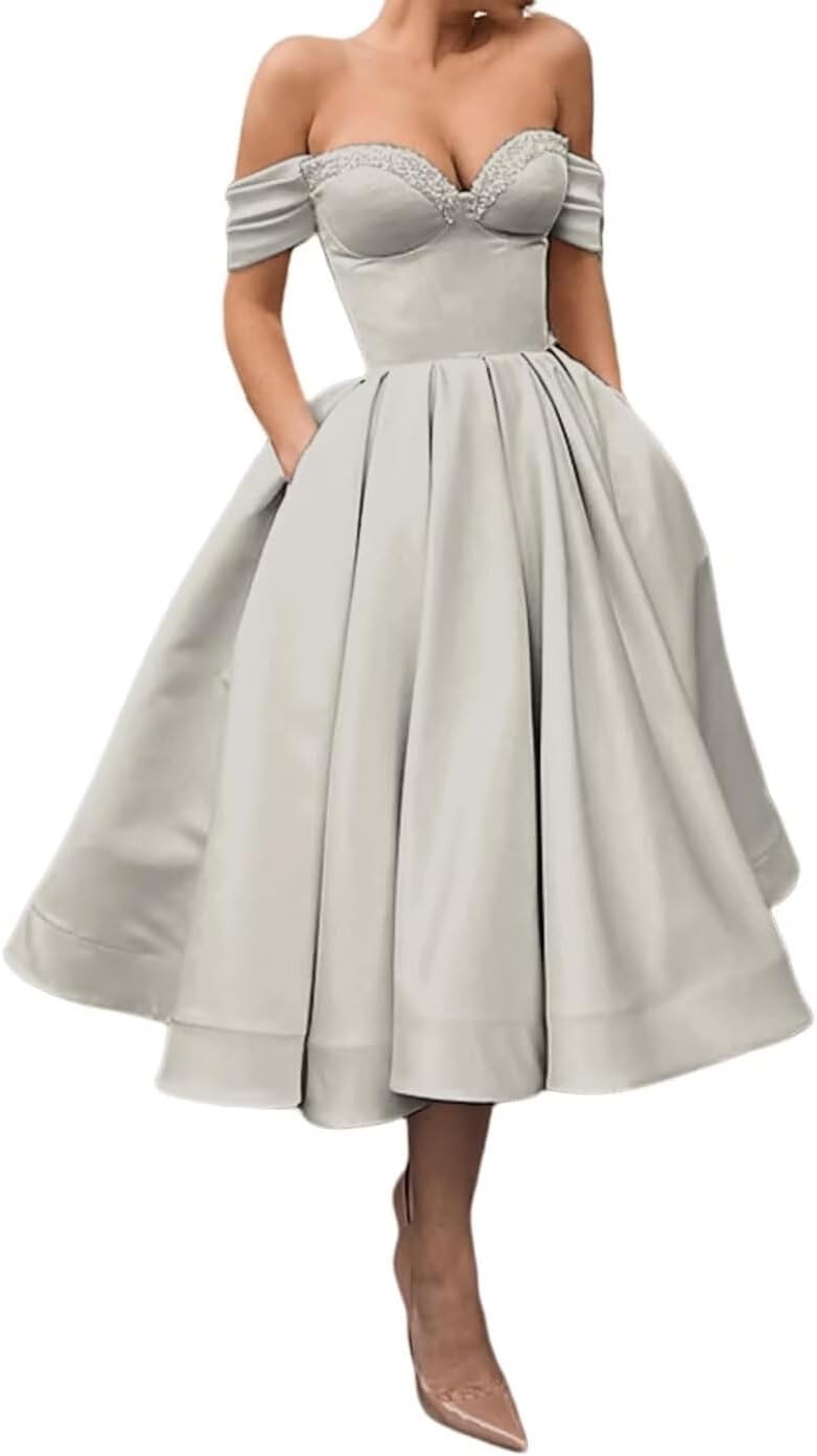 A Line Off Shoulder Prom Dresses for Women Satin Tea Length Cocktail Party Dresses with Pockets