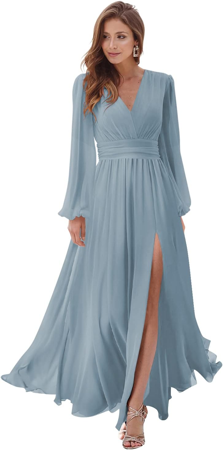 Women's Long Sleeve Bridesmaid Dresses with Slit V Neck A Line Chiffon Formal Evening Gowns with Pockets Mother of the Bride Gowns