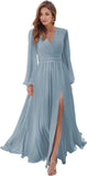 Women's Long Sleeve Bridesmaid Dresses with Slit V Neck A Line Chiffon Formal Evening Gowns with Pockets Mother of the Bride Gowns