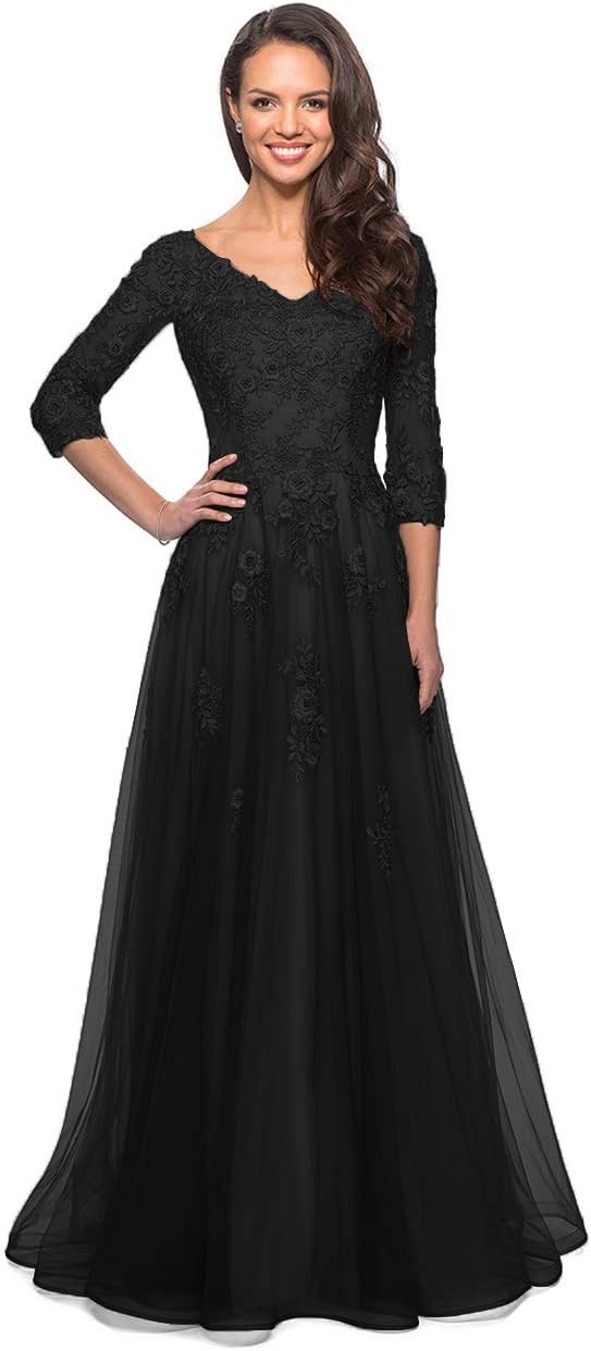 Women's Floral Lace Appliques 3/4 Sleeve Mother of The Bride Dresses Long V Neck Formal Dresses with Pockets