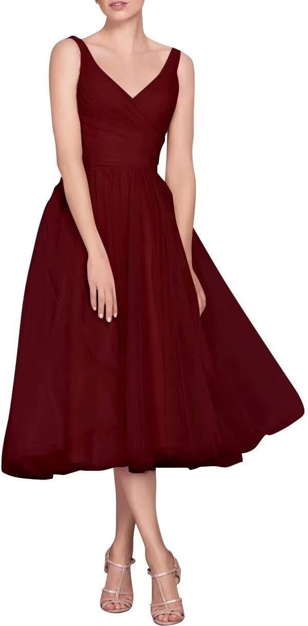 Tea Length A-Line V Neck Formal Evening Party Gowns for Women Sleeveless Puffy Midi Tulle Cocktail Prom Dress