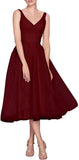 Tea Length A-Line V Neck Formal Evening Party Gowns for Women Sleeveless Puffy Midi Tulle Cocktail Prom Dress
