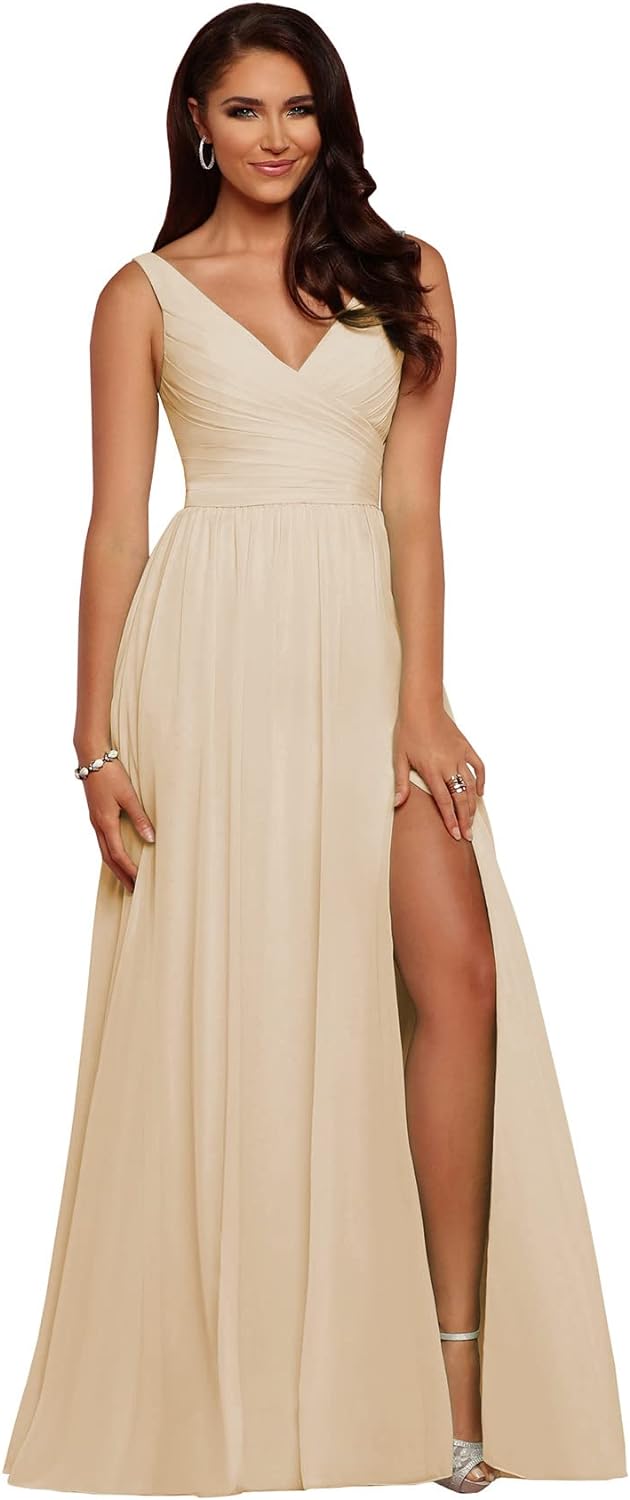 Vestidos de dama de honor largos con escote en V y abertura en gasa, corte A, plisados, para noche, fiesta formal