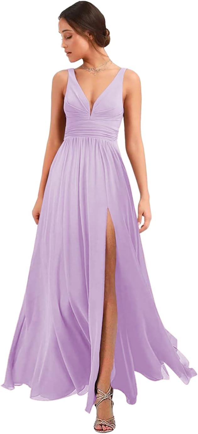Women's Deep V Neck Bridesmaid Dresses with Slit Chiffon Pleats A Line Formal Party Dresses with Pockets