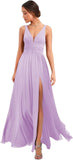 Women's Deep V Neck Bridesmaid Dresses with Slit Chiffon Pleats A Line Formal Party Dresses with Pockets