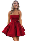 Women’s Short Satin Spaghetti Straps Formal Homecoming Dresses A Line Corset Puffy Prom Gown with Pockets for Teens