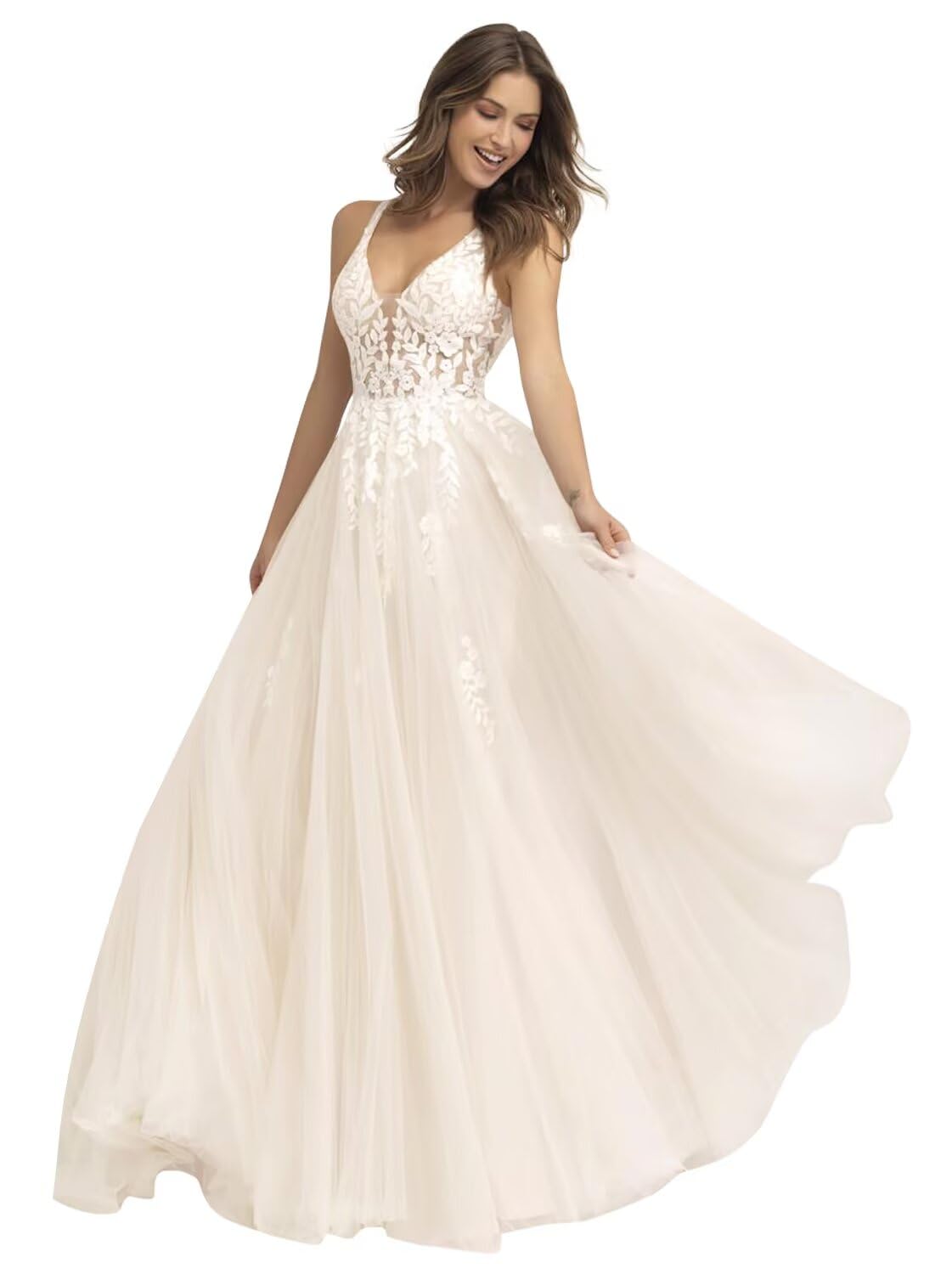 Kingbridal Gowns Lace Appliques Wedding Dresses for Bride Long V Neck Tulle Chiffon A-line Sleeveless Bridal Ball Gown for Women