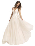 Kingbridal Gowns Lace Appliques Wedding Dresses for Bride Long V Neck Tulle Chiffon A-line Sleeveless Bridal Ball Gown for Women