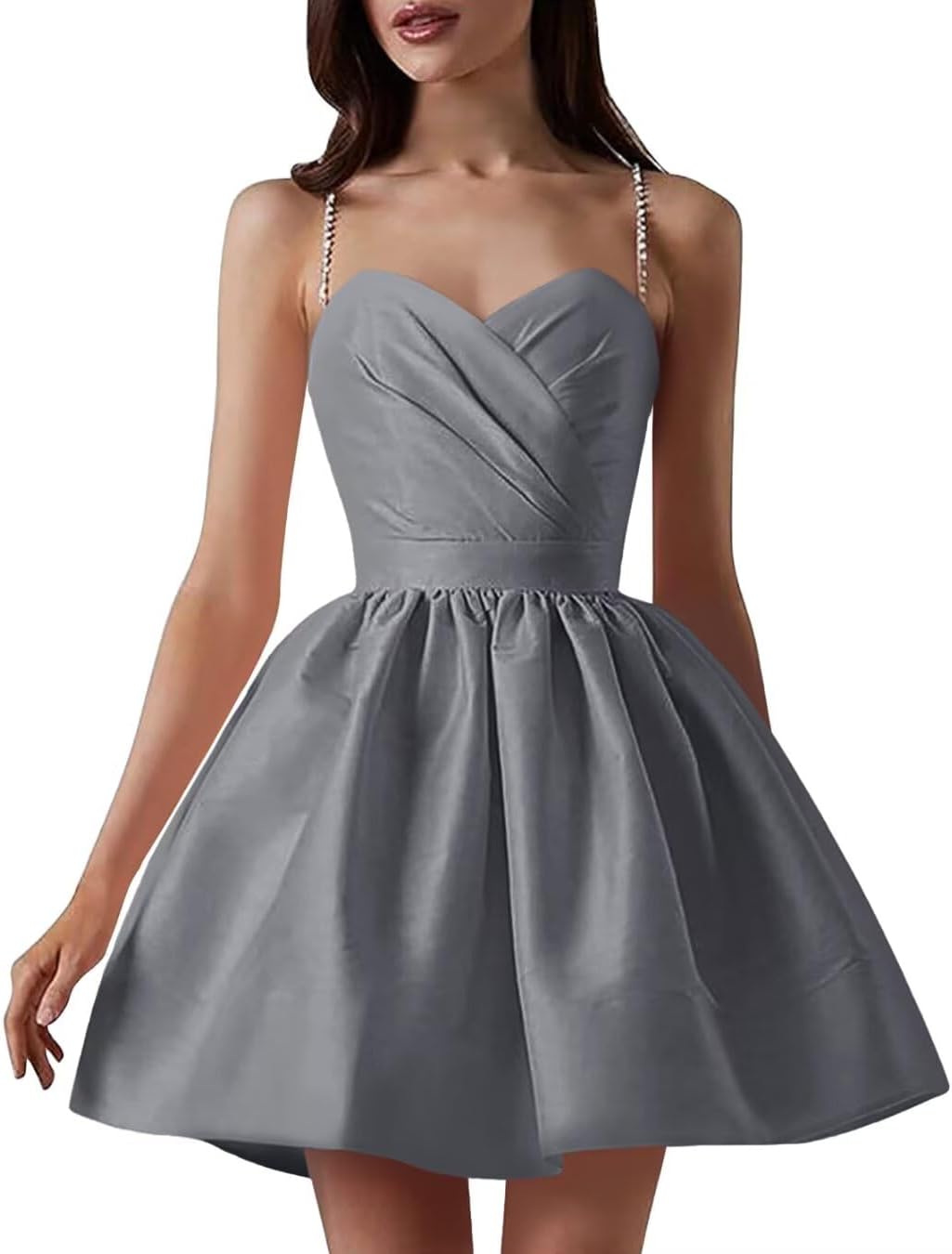 Satin Homecoming Dresses for Teens Spaghetti Straps Short Prom Dress A-Line Cocktail Wedding Guest Dress