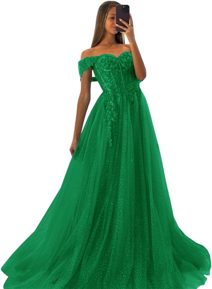Off The Shoulder Tulle Prom Dresses 2027 Lace Applique A Line Long Sparkly Formal Evening Party Gowns