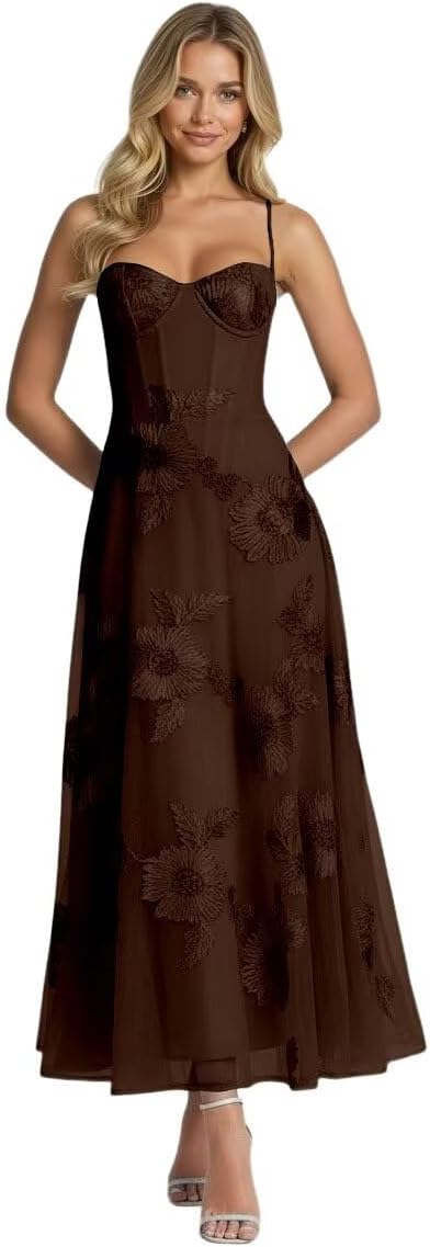 Jacquard Tulle Prom Dresses Spaghetti Straps Formal Evening Party Dress Tea Length