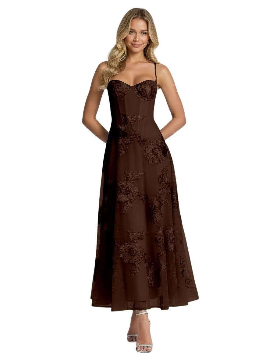 Jacquard Tulle Prom Dresses Spaghetti Straps Formal Evening Party Dress Tea Length