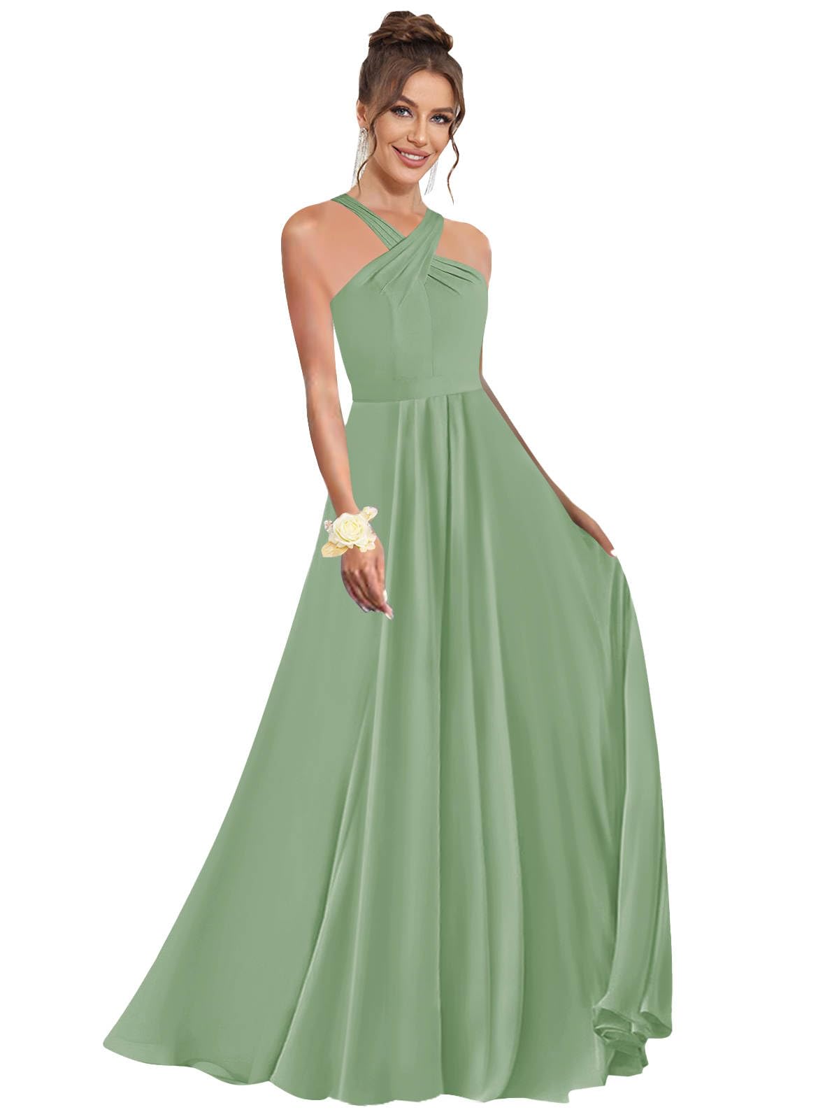 Halter Bridesmaid Dresses for Wedding Chiffon A Line Pleated Long Formal Prom Dress with Belt
